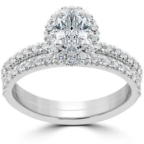 1 1/4 ct Oval Halo Diamond Engagement Wedding Ring Set 14k White Gold