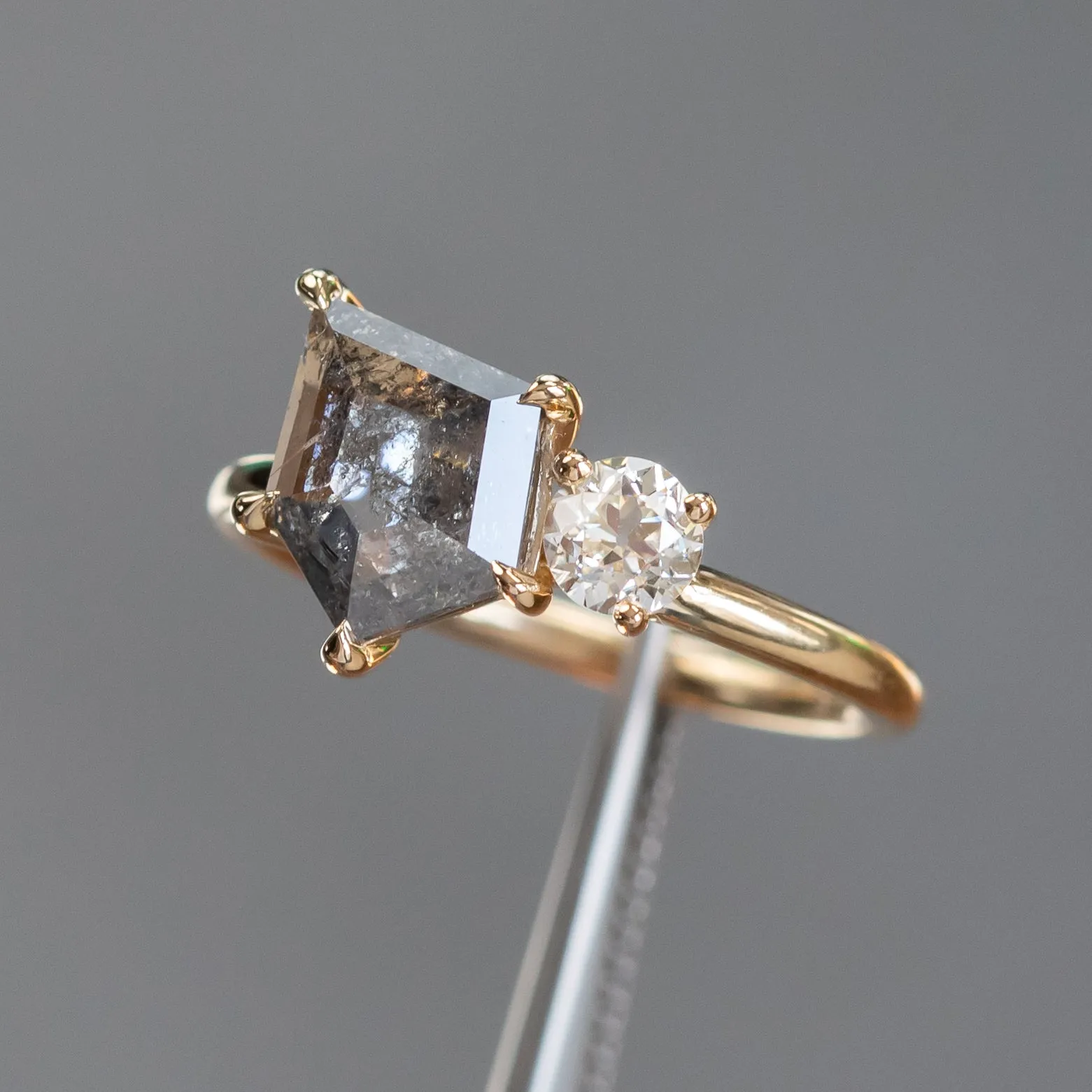 1.19ct Salt & Pepper shield rosecut Diamond and Antique Old Mine Cut Diamond Ring in 14k Yellow Gold