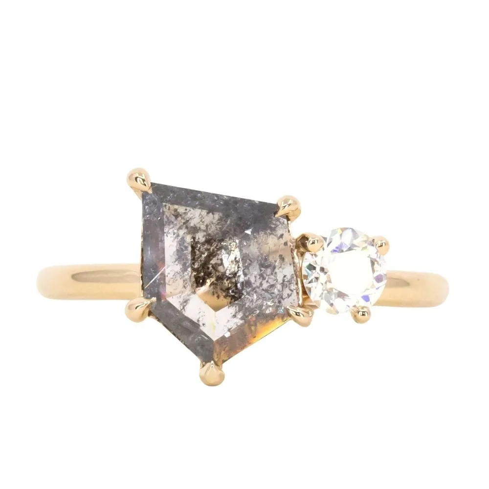 1.19ct Salt & Pepper shield rosecut Diamond and Antique Old Mine Cut Diamond Ring in 14k Yellow Gold