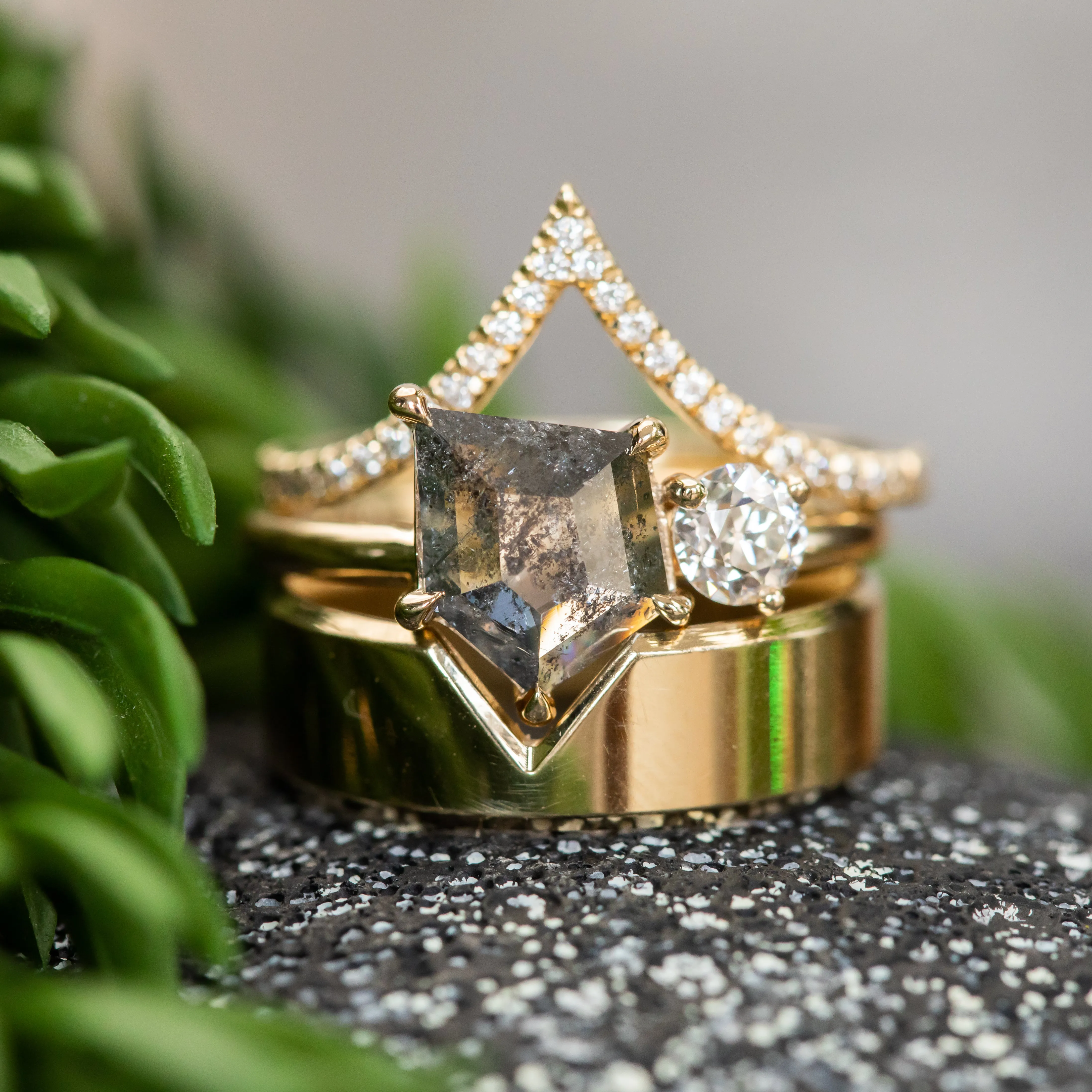 1.19ct Salt & Pepper shield rosecut Diamond and Antique Old Mine Cut Diamond Ring in 14k Yellow Gold