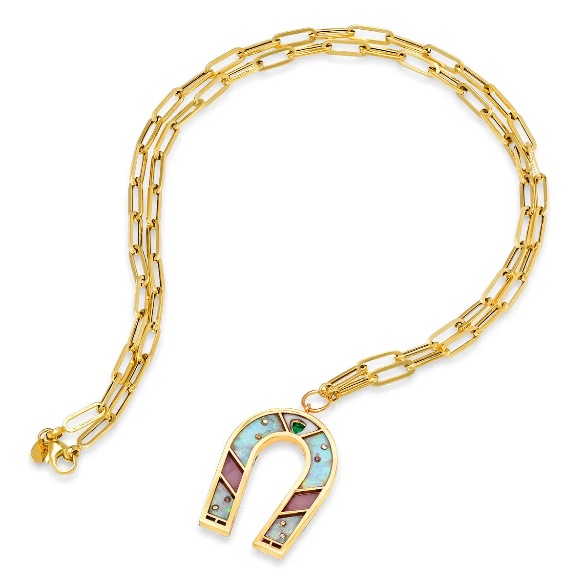 14K Yellow Gold Mini Opal and Pink Opal Horseshoe Necklace