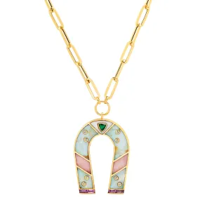 14K Yellow Gold Mini Opal and Pink Opal Horseshoe Necklace