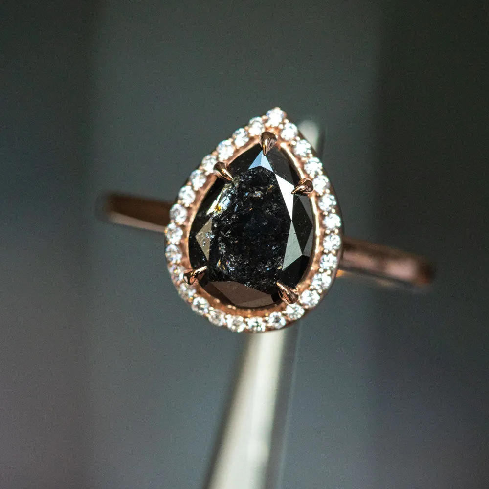 2.44ct Black Pear Diamond in 14k Rose Gold Diamond Halo Setting