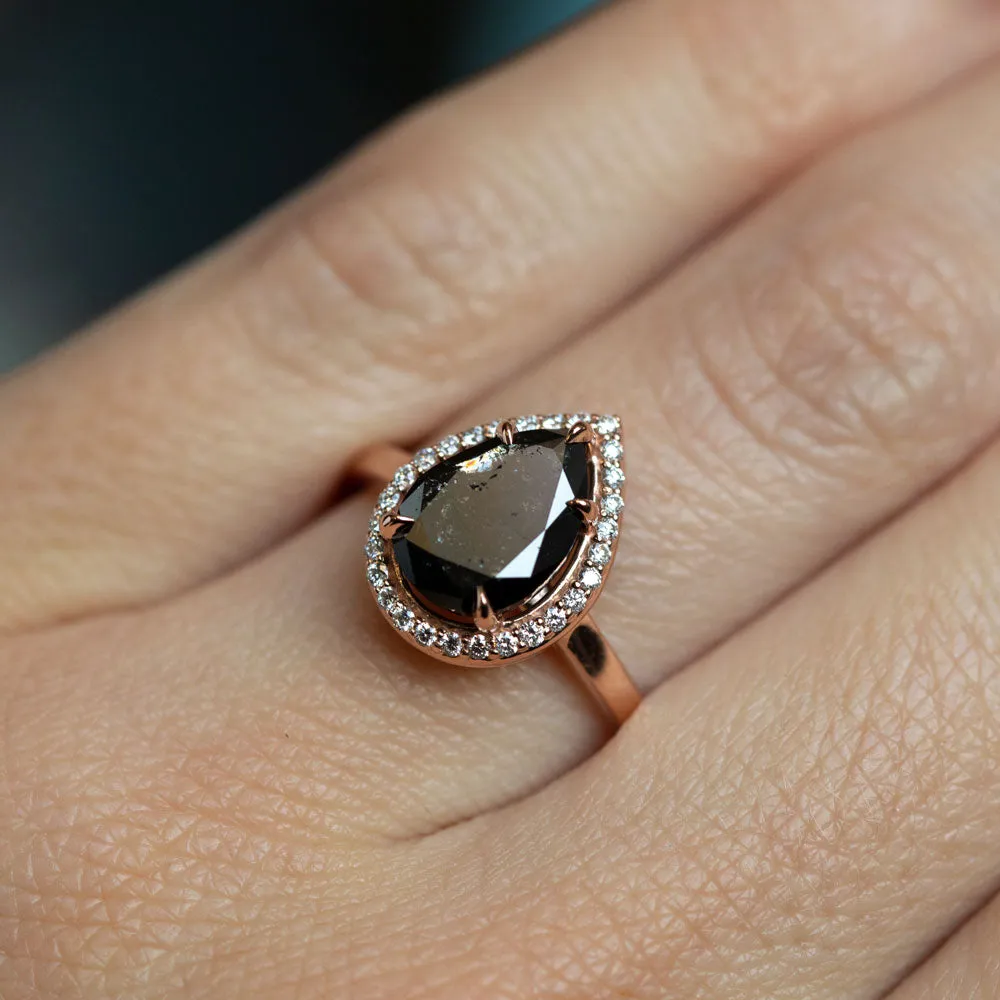 2.44ct Black Pear Diamond in 14k Rose Gold Diamond Halo Setting