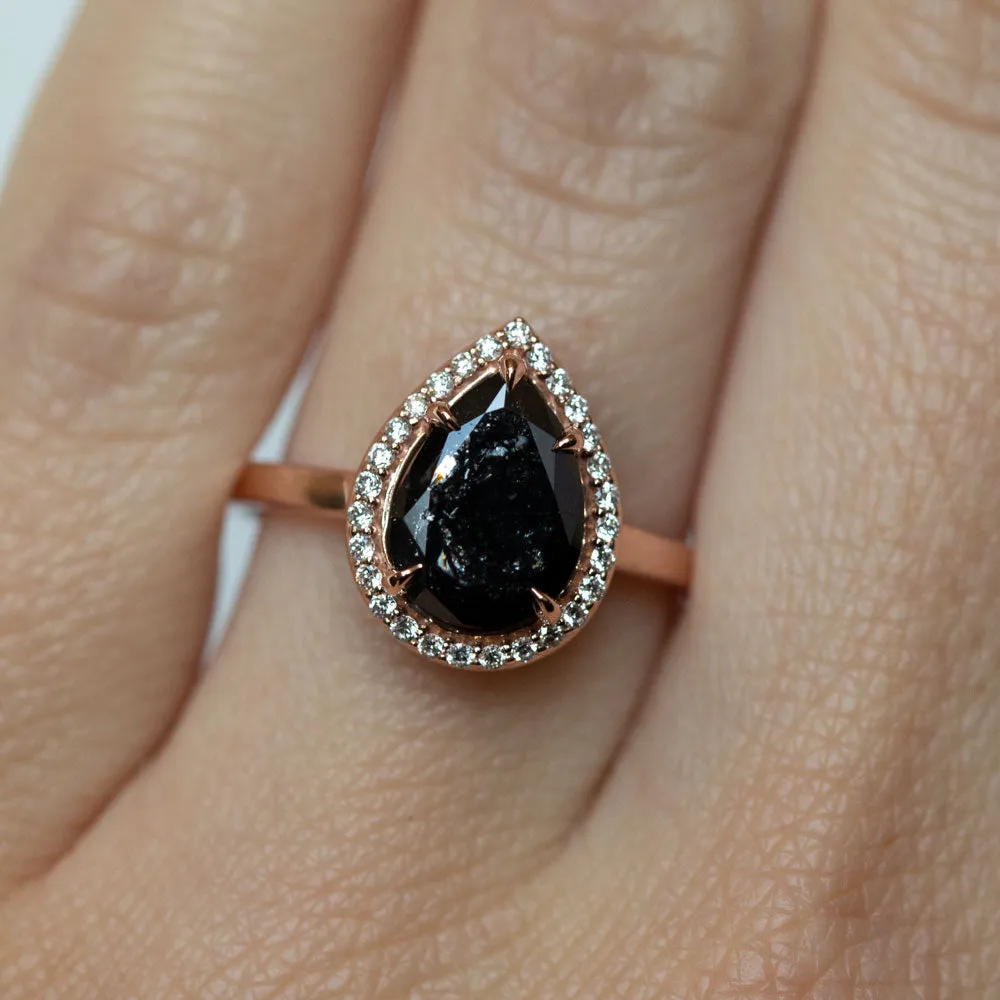 2.44ct Black Pear Diamond in 14k Rose Gold Diamond Halo Setting