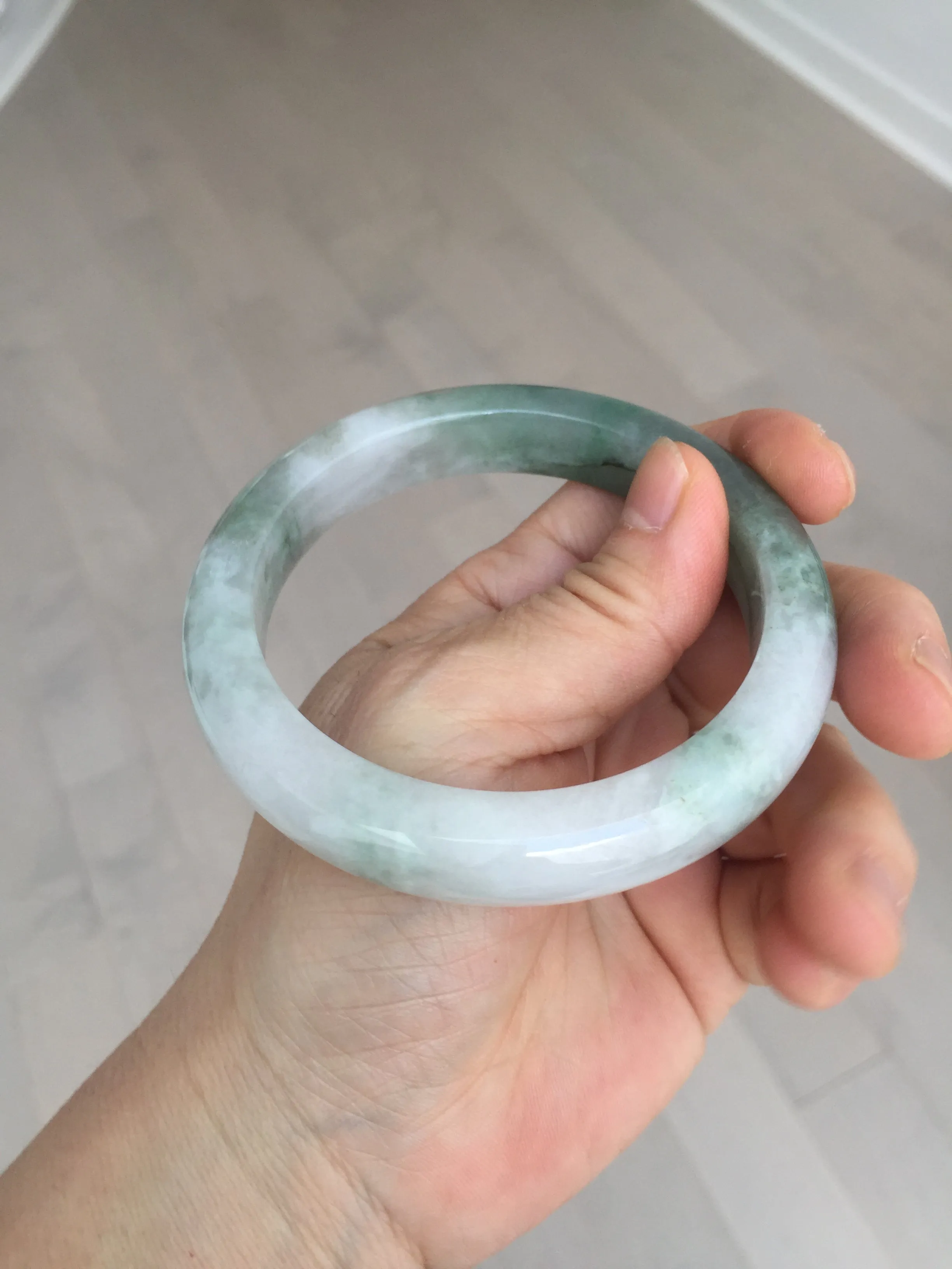 60.3mm certified type A 100% Natural oily light green/white chubby Jadeite Jade bangle BM18-2789