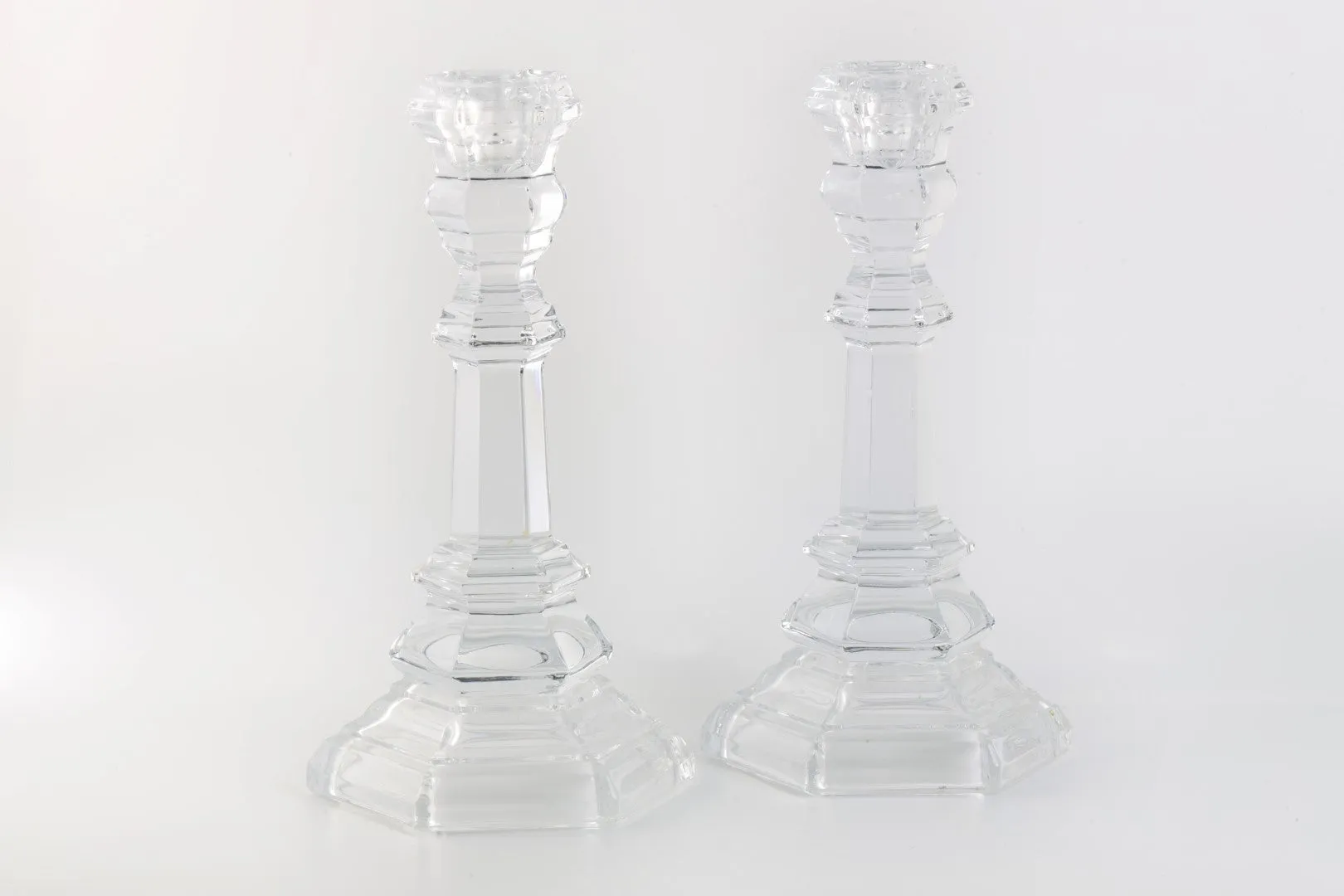 8" Tiffany & Co. Pair of Plymouth Pattern Crystal Candlestick Candle Holders