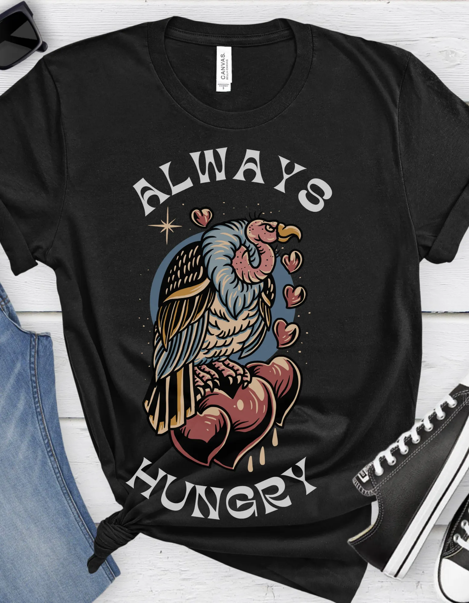 Always Hungry Vulture Hearts Tattoo T-shirt / Dark Cloud Lightning Eye Unisex Traditional Tattoo Tee Shirt / Punk Rock Clothing Tshirt