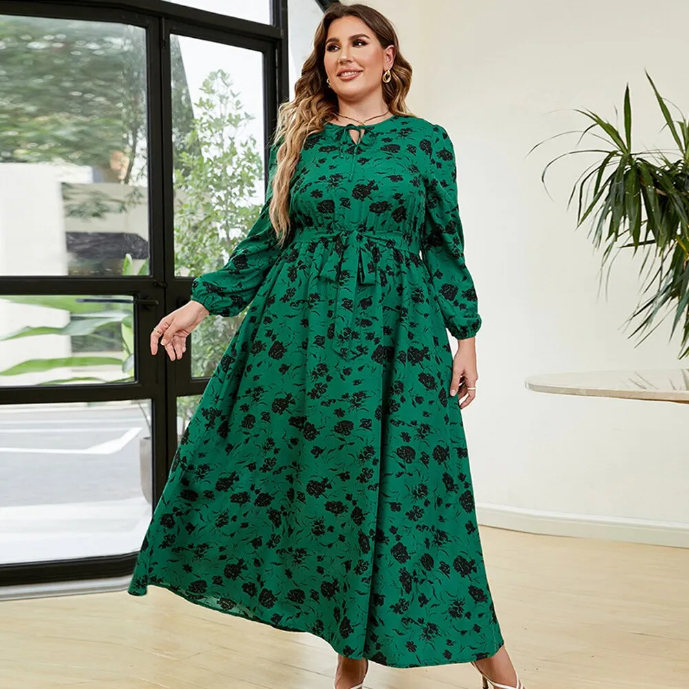 BerriesJam - 2024 Plus Size Floral Tie Neck Belted Long Sleeve A-Line Dress