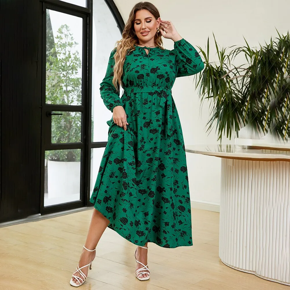 BerriesJam - 2024 Plus Size Floral Tie Neck Belted Long Sleeve A-Line Dress