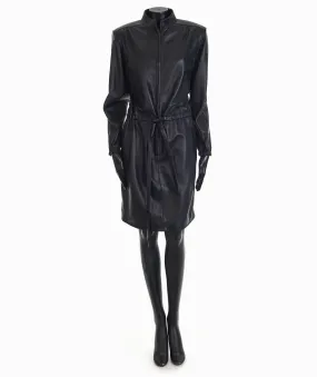 Black Drawstring Zip-Front Leather Shirt Dress