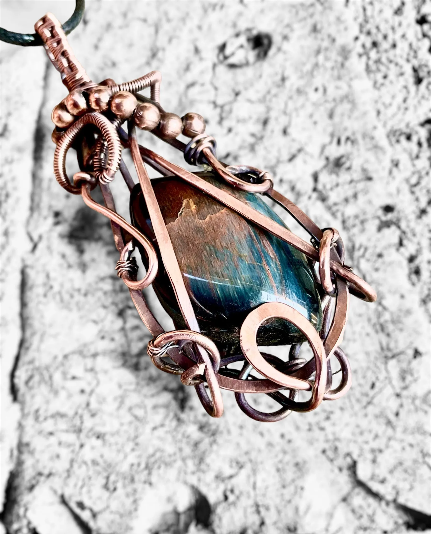 Blue Tiger Eye Wire Wrapped Pendant