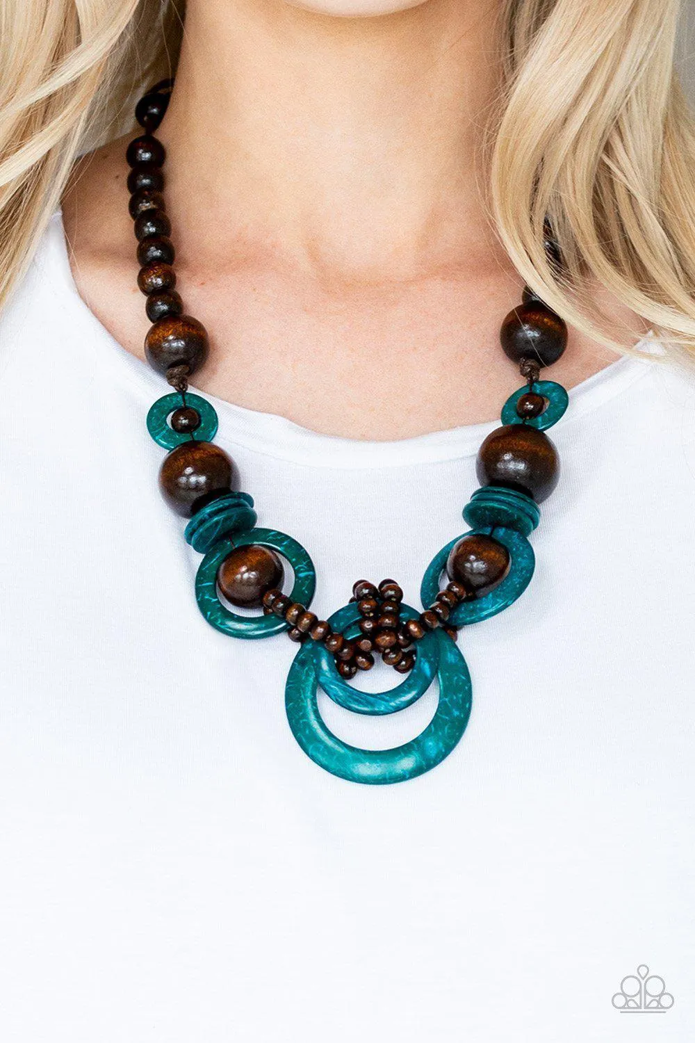 Boardwalk Party Blue and Brown Wood Necklace - Paparazzi Accessories