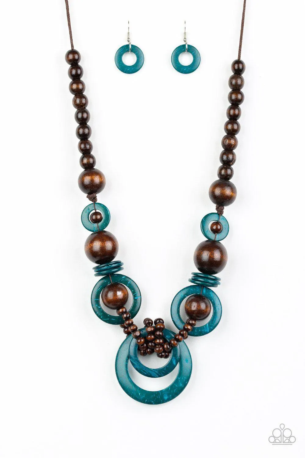 Boardwalk Party Blue and Brown Wood Necklace - Paparazzi Accessories