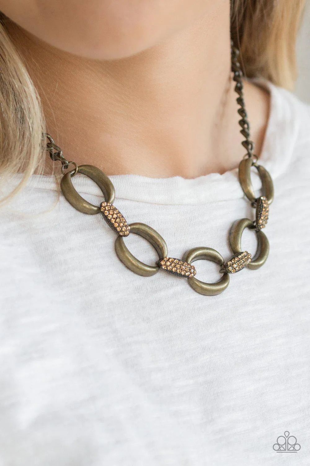 Boss Boulevard Brass and Rhinestone Chain Link Necklace - Paparazzi Accessories