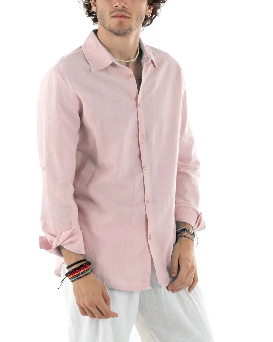 Camicia Uomo Con Colletto Slim Fit Lino Tinta Unita Maniche Lunghe Rosa GIOSAL-C2765A