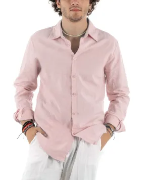 Camicia Uomo Con Colletto Slim Fit Lino Tinta Unita Maniche Lunghe Rosa GIOSAL-C2765A