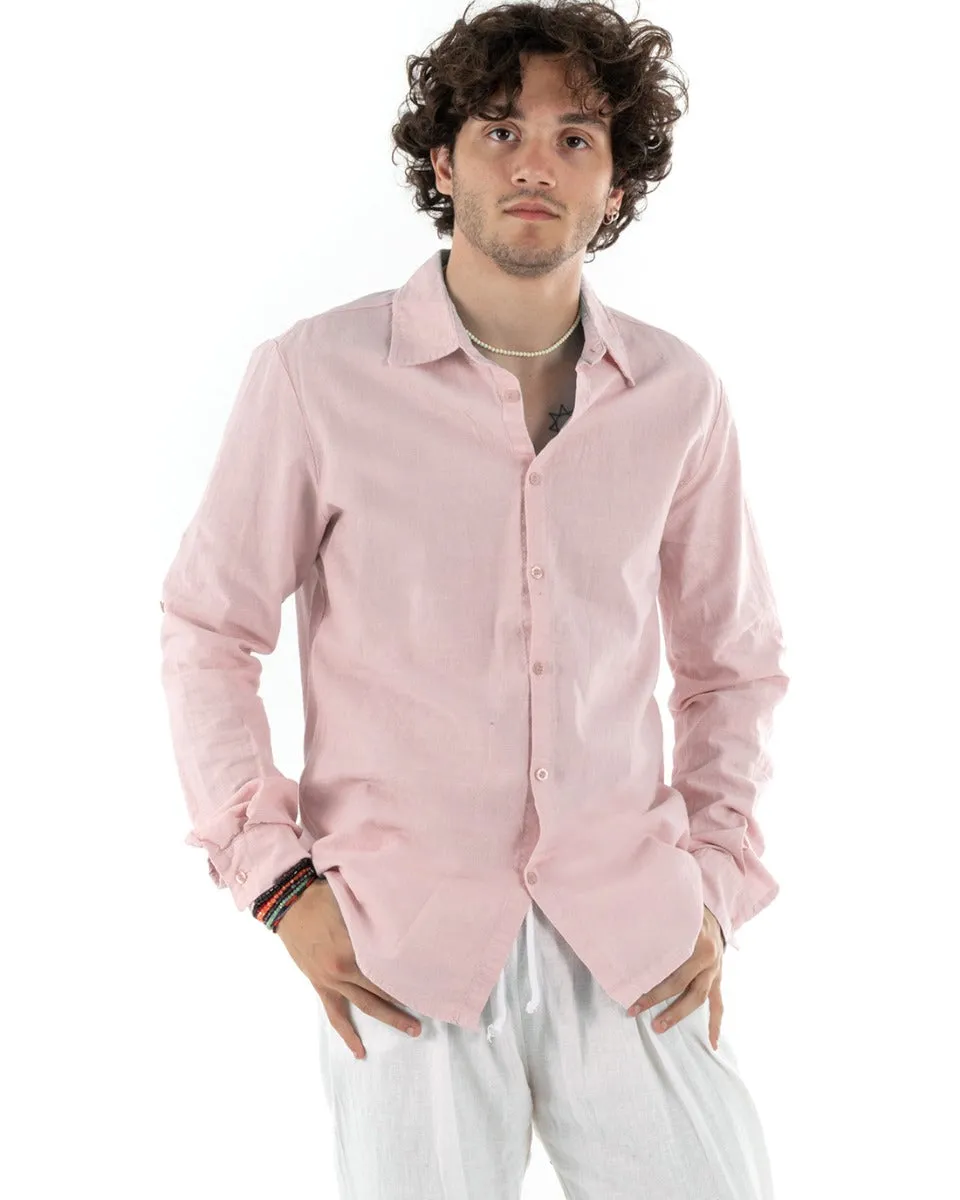 Camicia Uomo Con Colletto Slim Fit Lino Tinta Unita Maniche Lunghe Rosa GIOSAL-C2765A