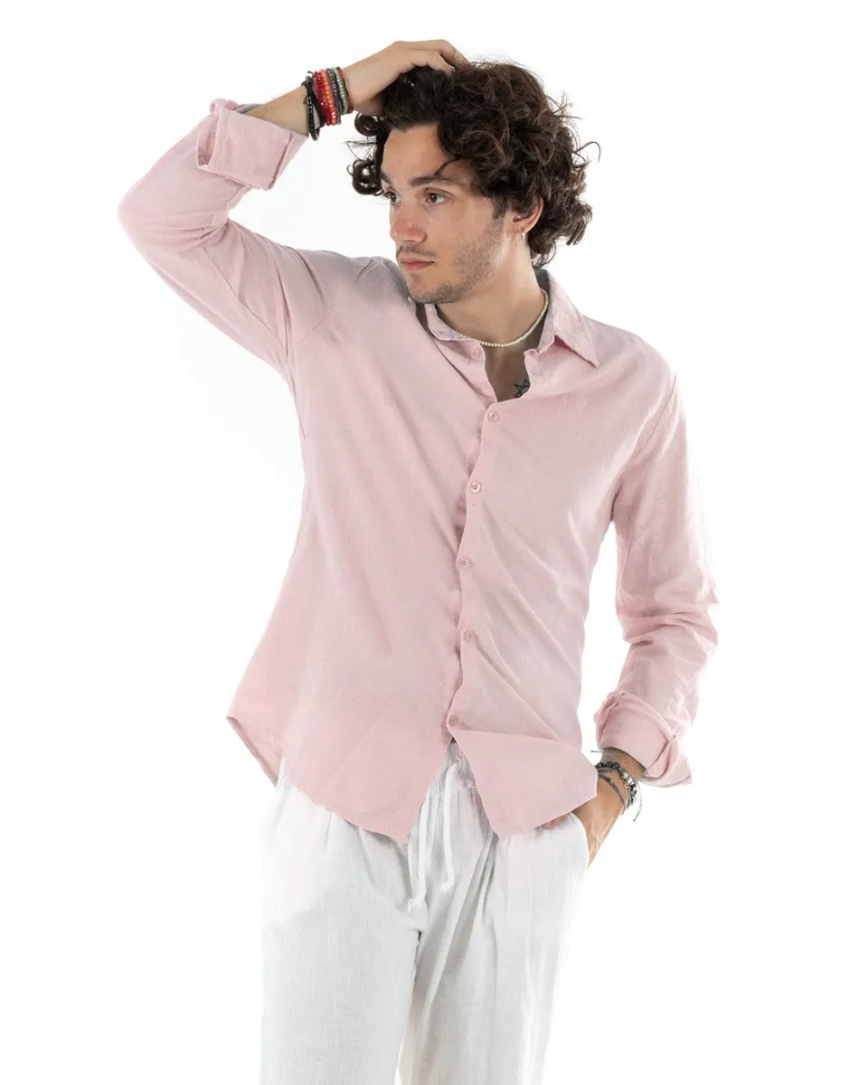 Camicia Uomo Con Colletto Slim Fit Lino Tinta Unita Maniche Lunghe Rosa GIOSAL-C2765A