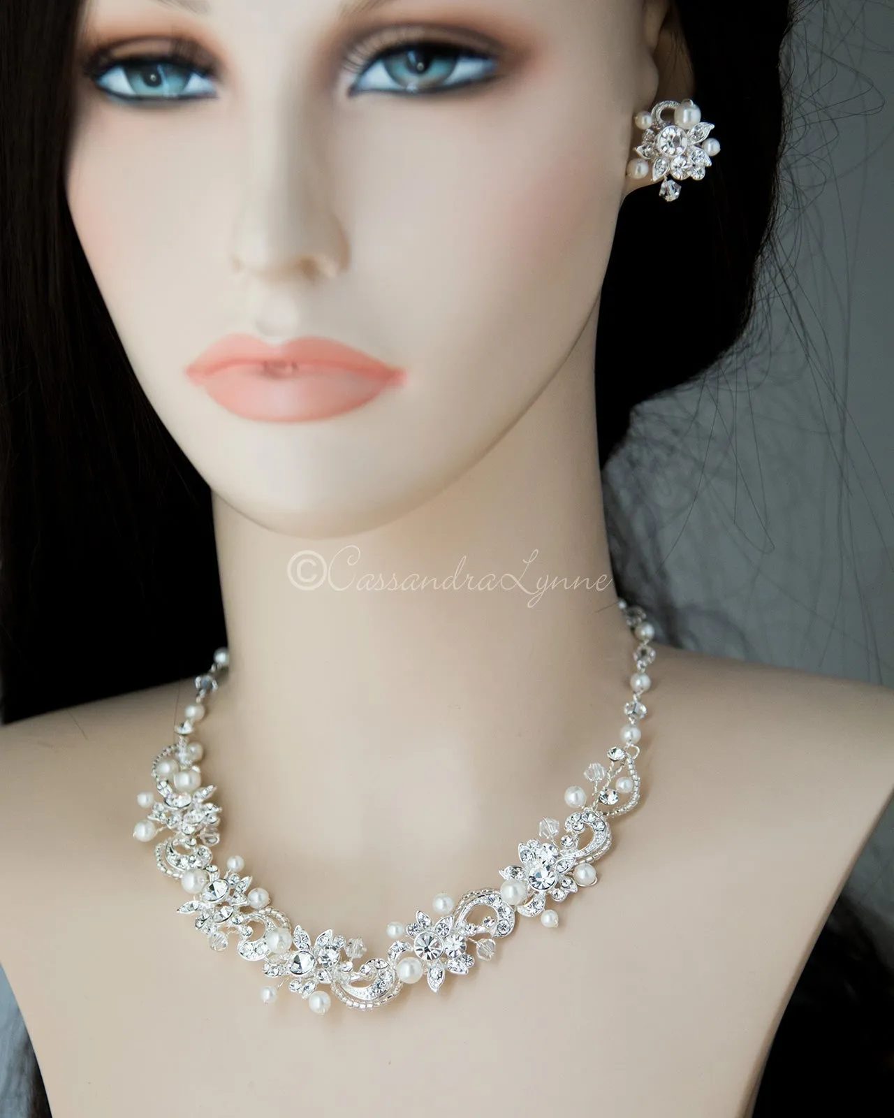 Crystal and Pearl Bridal Necklace Set