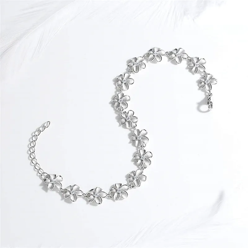 Daisy Flower Bracelet White Laser Engraved 925 Sterling Silver CZ Adjustable Chain 6.5 1.5 Extender