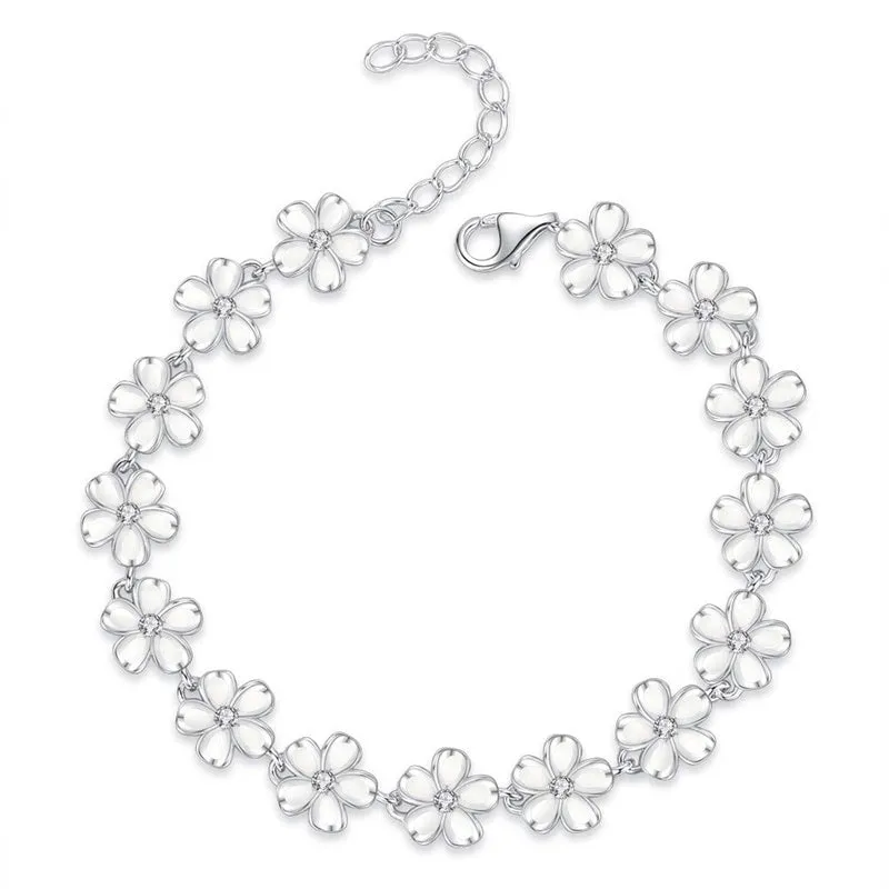 Daisy Flower Bracelet White Laser Engraved 925 Sterling Silver CZ Adjustable Chain 6.5 1.5 Extender