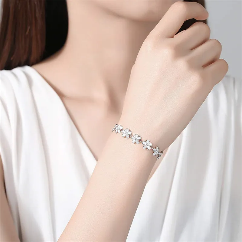 Daisy Flower Bracelet White Laser Engraved 925 Sterling Silver CZ Adjustable Chain 6.5 1.5 Extender