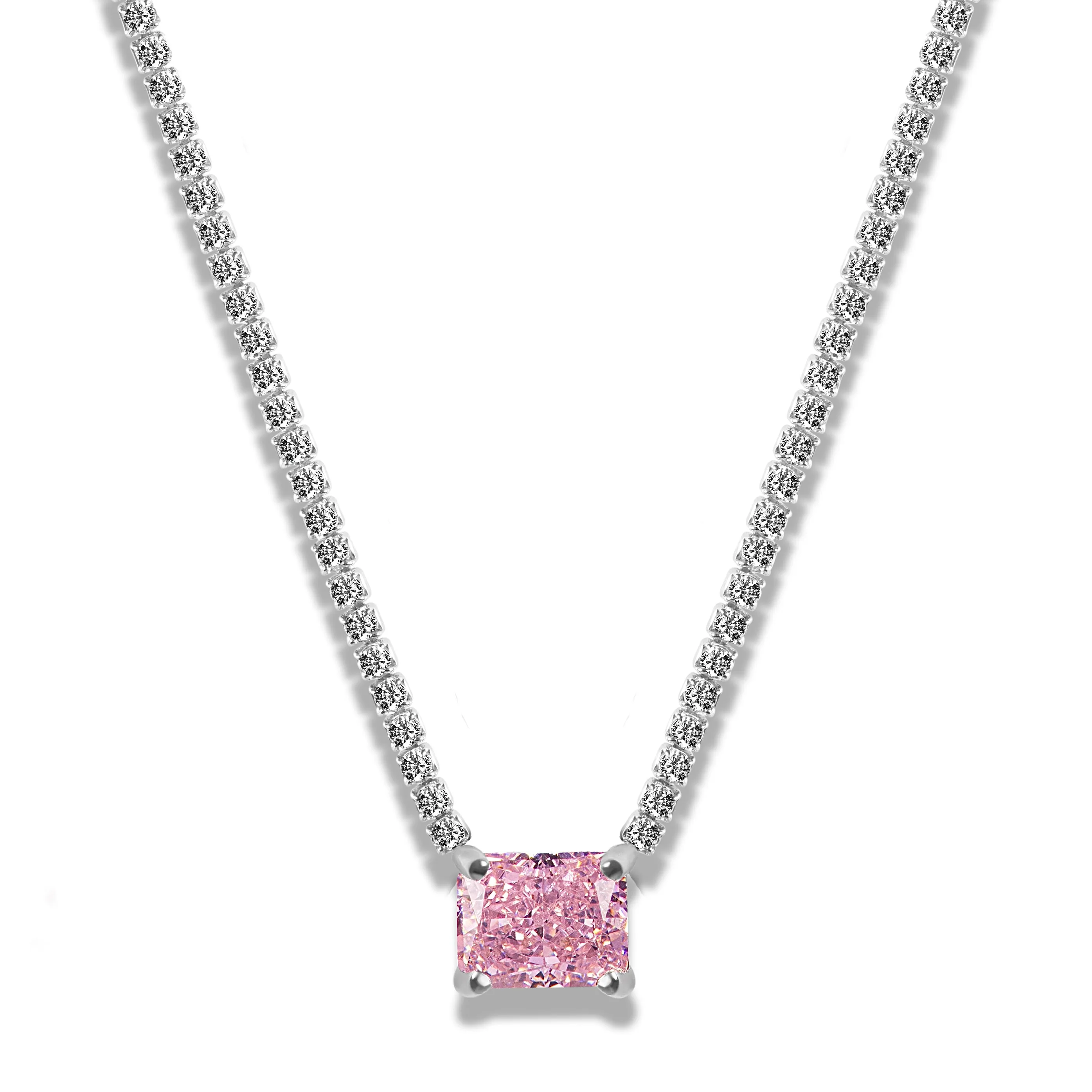 “Duchess” pink radiant sterling silver pave chain necklace