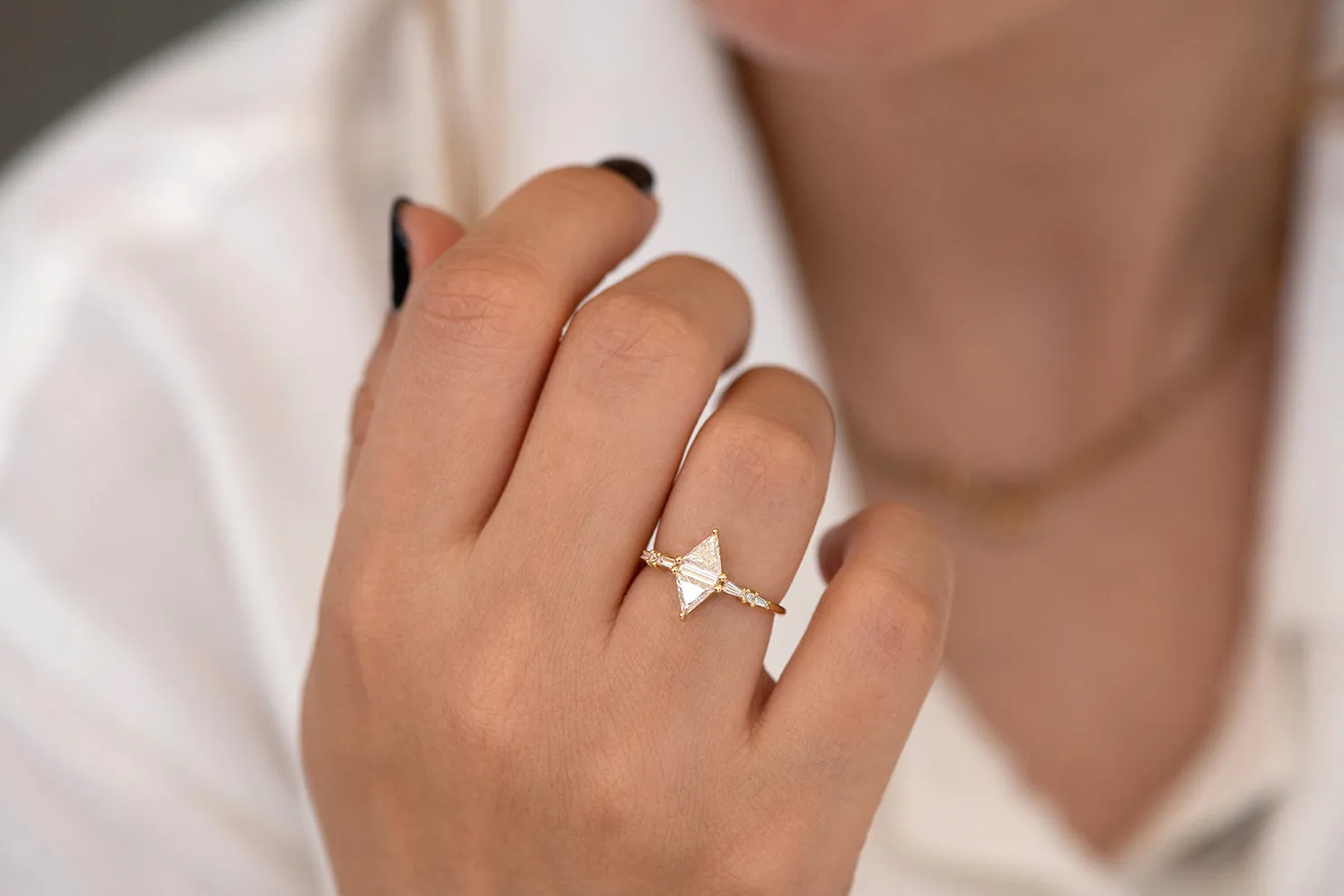 Geometric Engagement Ring with Triangle and Baguette Diamonds