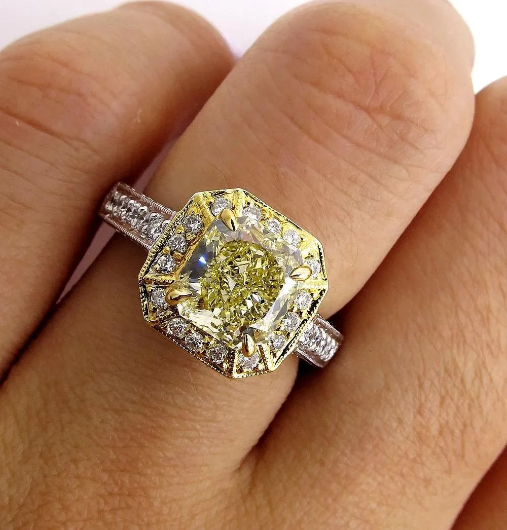 GIA 2.74ctw Estate Vintage Natural Fancy Yellow Radiant Diamond Engagement Wedding Ring