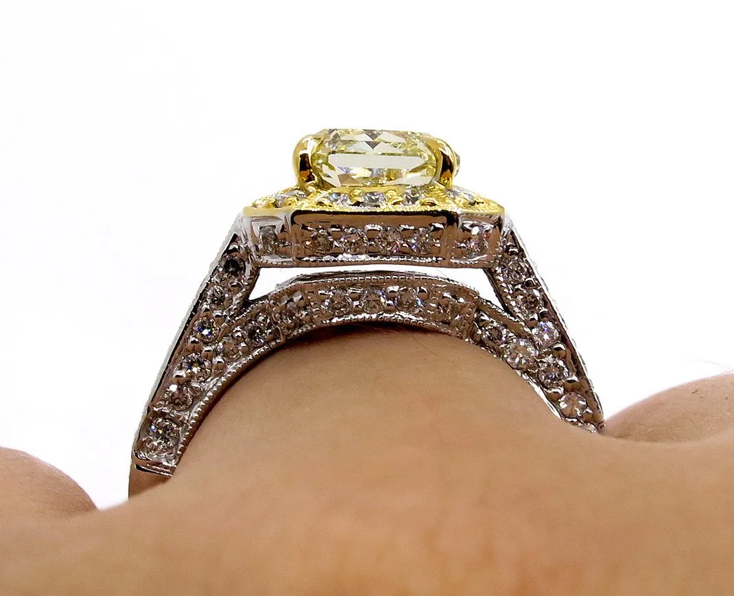 GIA 2.74ctw Estate Vintage Natural Fancy Yellow Radiant Diamond Engagement Wedding Ring