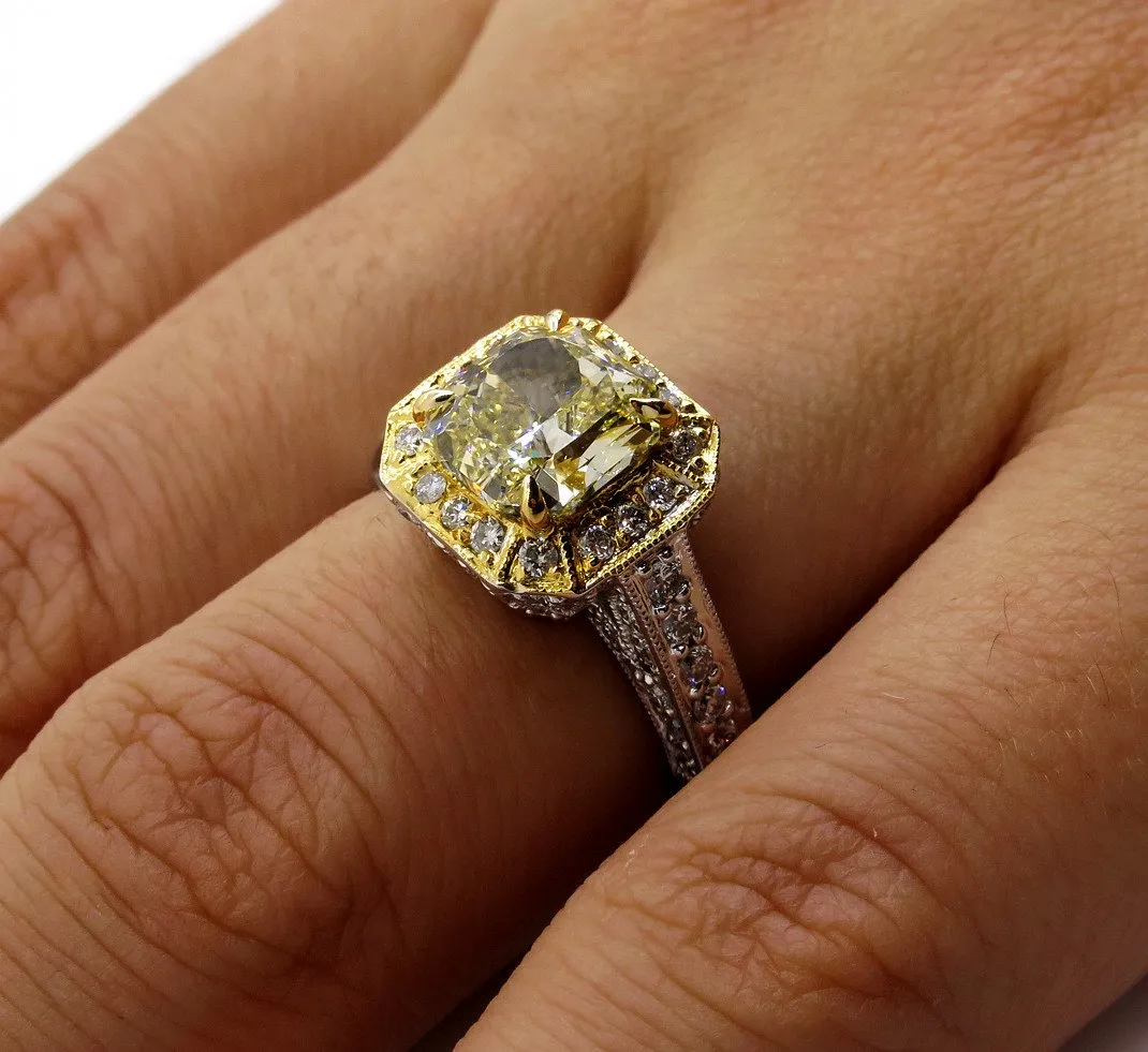 GIA 2.74ctw Estate Vintage Natural Fancy Yellow Radiant Diamond Engagement Wedding Ring