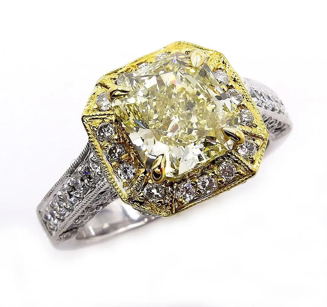 GIA 2.74ctw Estate Vintage Natural Fancy Yellow Radiant Diamond Engagement Wedding Ring