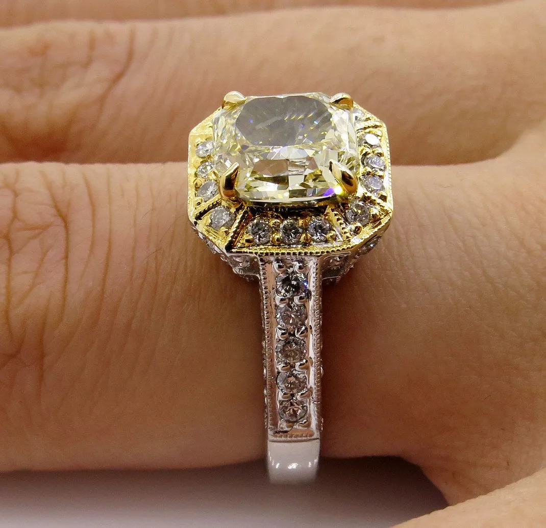 GIA 2.74ctw Estate Vintage Natural Fancy Yellow Radiant Diamond Engagement Wedding Ring