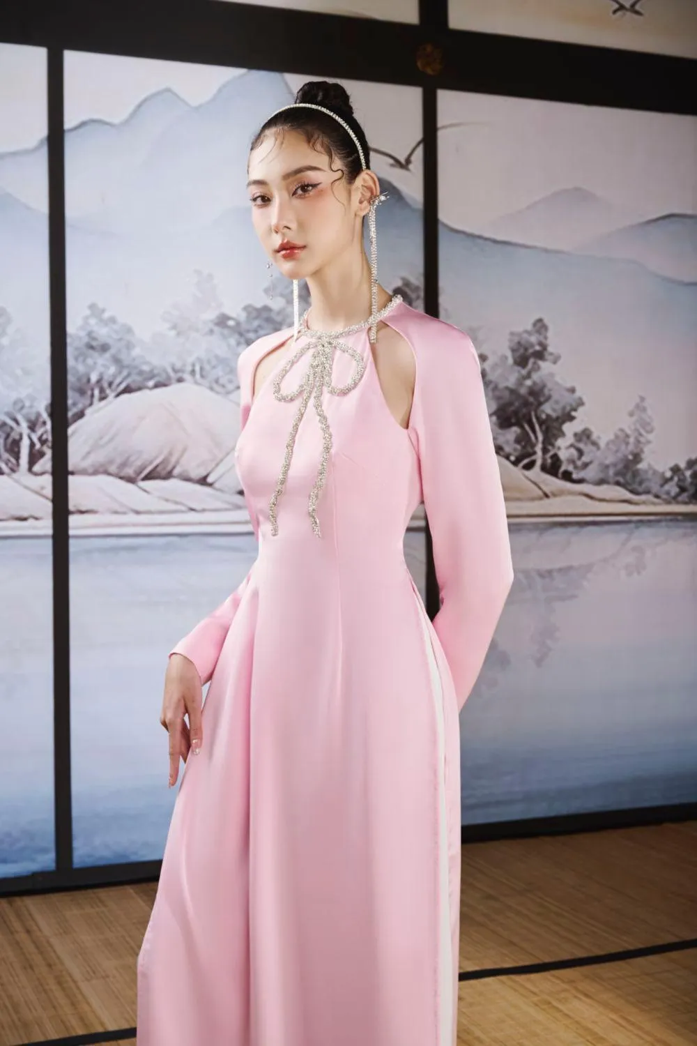 Giai Ky A-line Round Neck Silk Satin Ankle Length Ao Dai