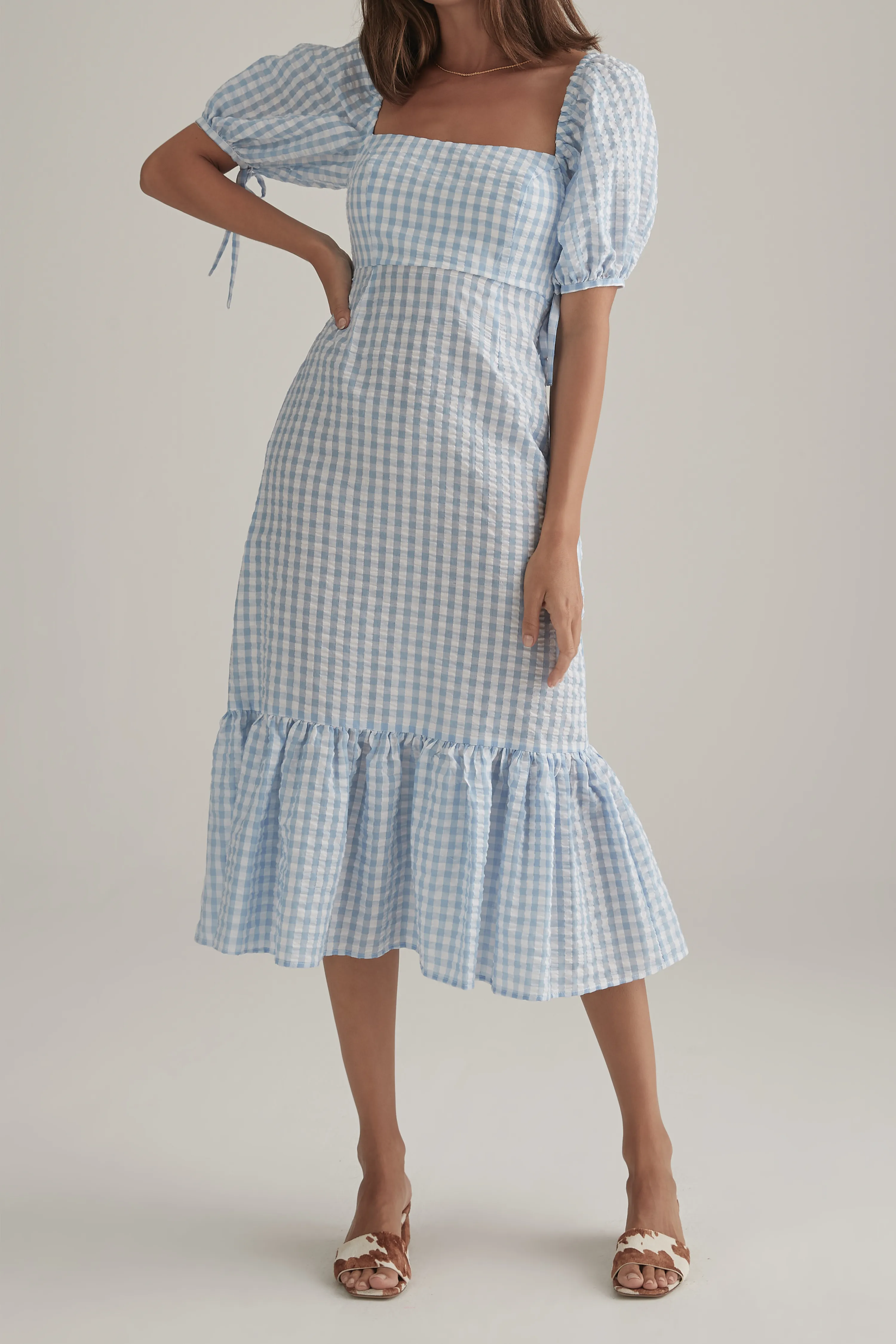 Gilly SS Blue Gingham Open Back Midi Dress