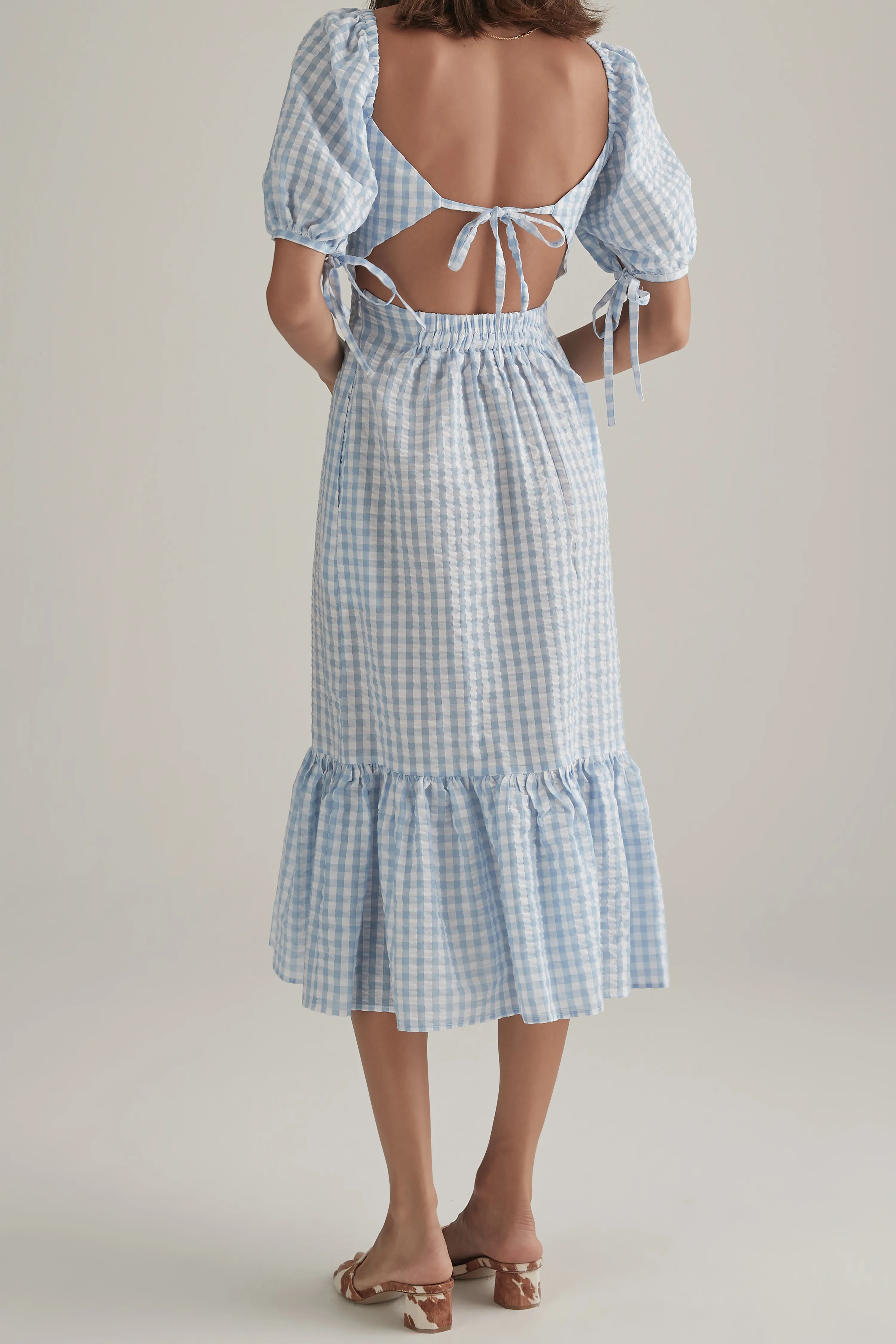 Gilly SS Blue Gingham Open Back Midi Dress