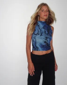 Grobi High Neck Vest Top in Abstract Blue Serpent Mesh