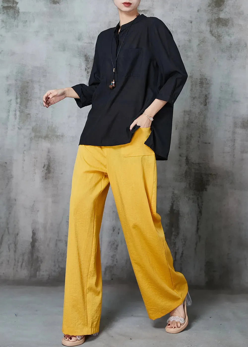 Handmade Black Oversized Pockets Linen Two Pieces Set Spring JK1010