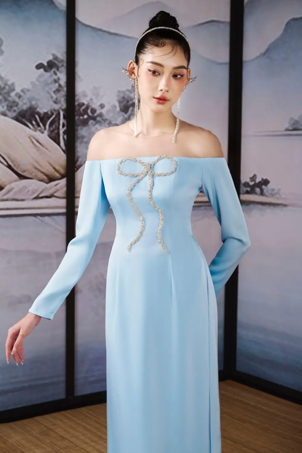 Hi Van A-line Off-Shoulder Silk Satin Ankle Length Ao Dai