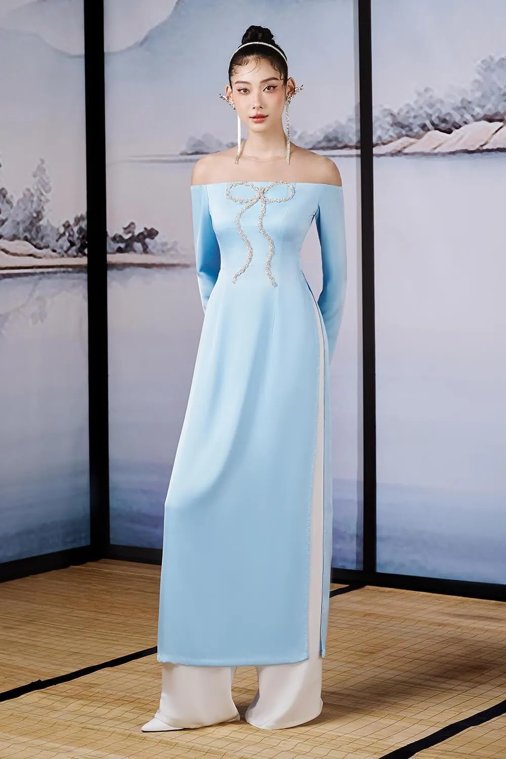 Hi Van A-line Off-Shoulder Silk Satin Ankle Length Ao Dai