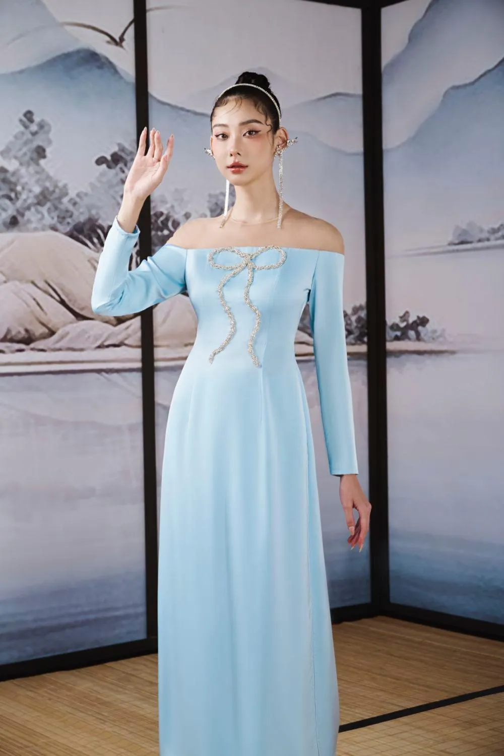 Hi Van A-line Off-Shoulder Silk Satin Ankle Length Ao Dai