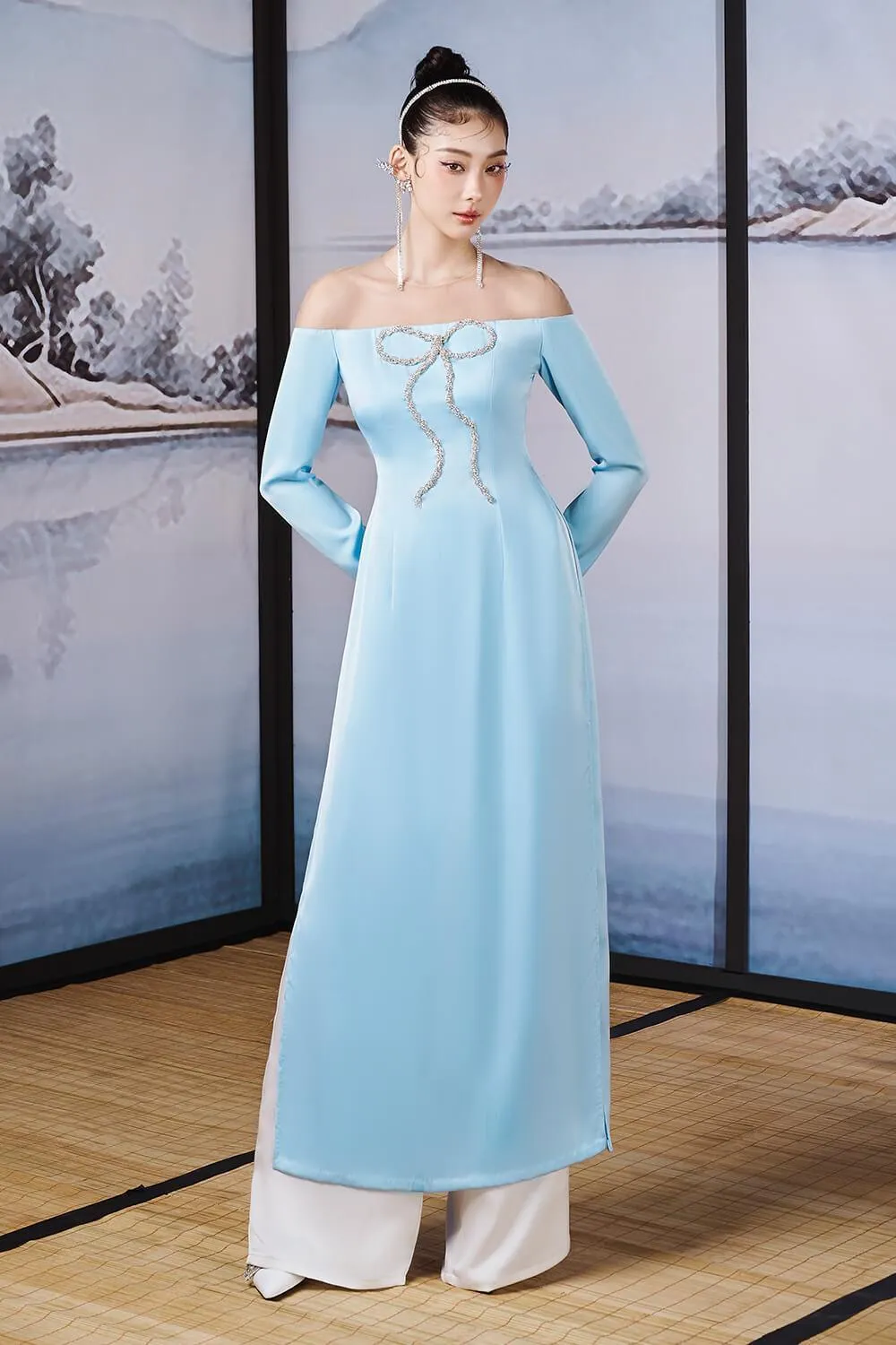 Hi Van A-line Off-Shoulder Silk Satin Ankle Length Ao Dai