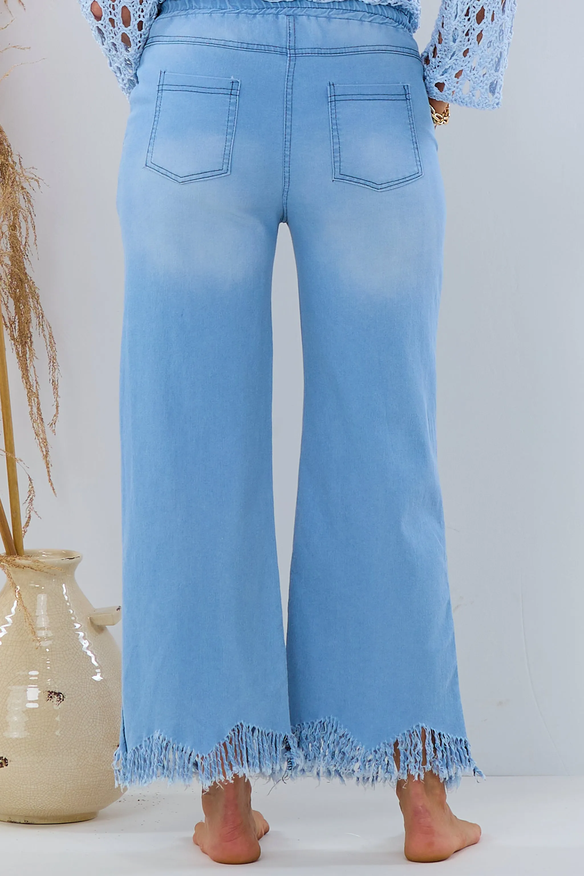 Jeans Schlupfhose mit Fransen, hellblau