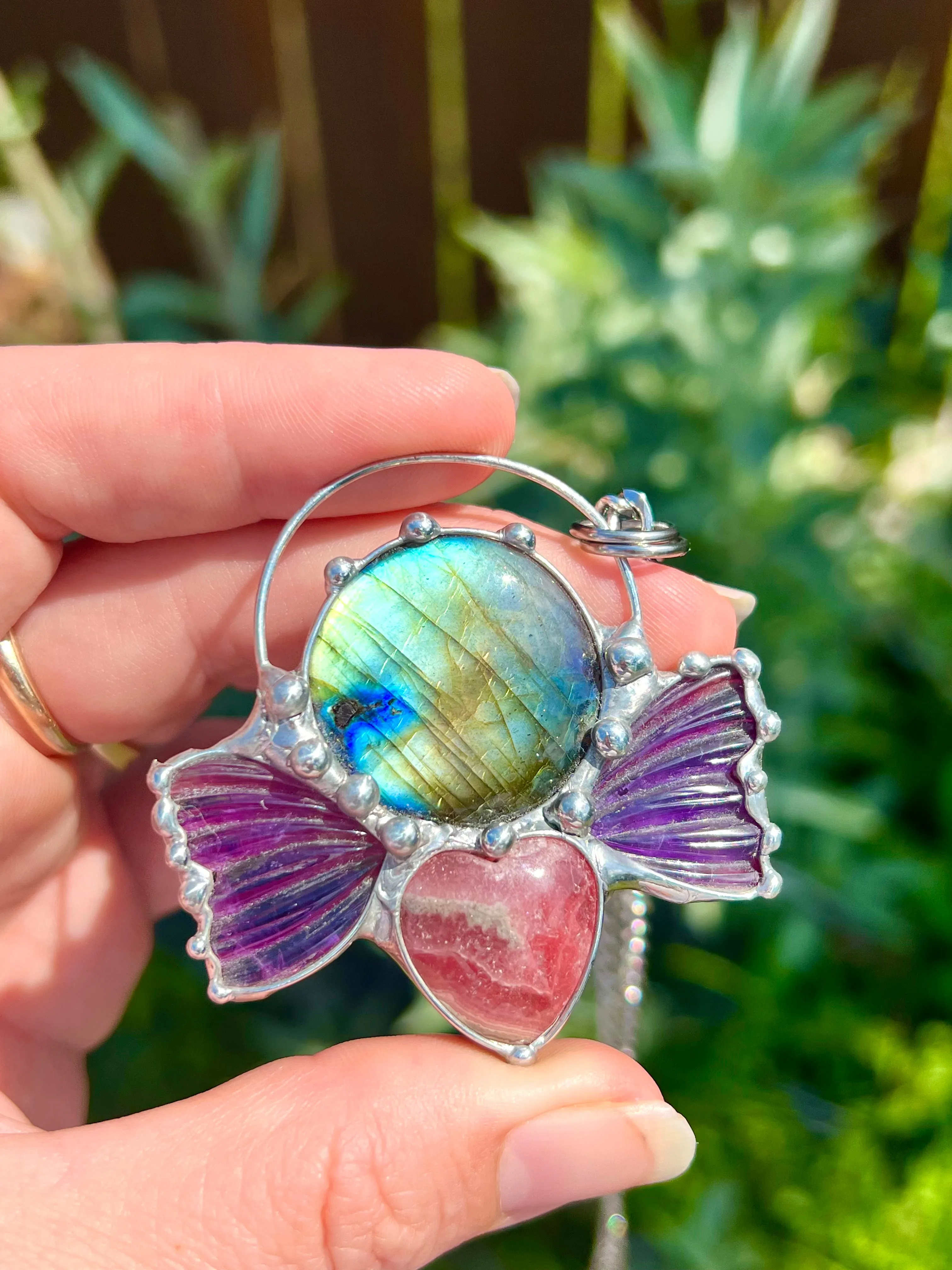 Labradorite & Amethyst Butterfly with Rhodochrosite heart amulet