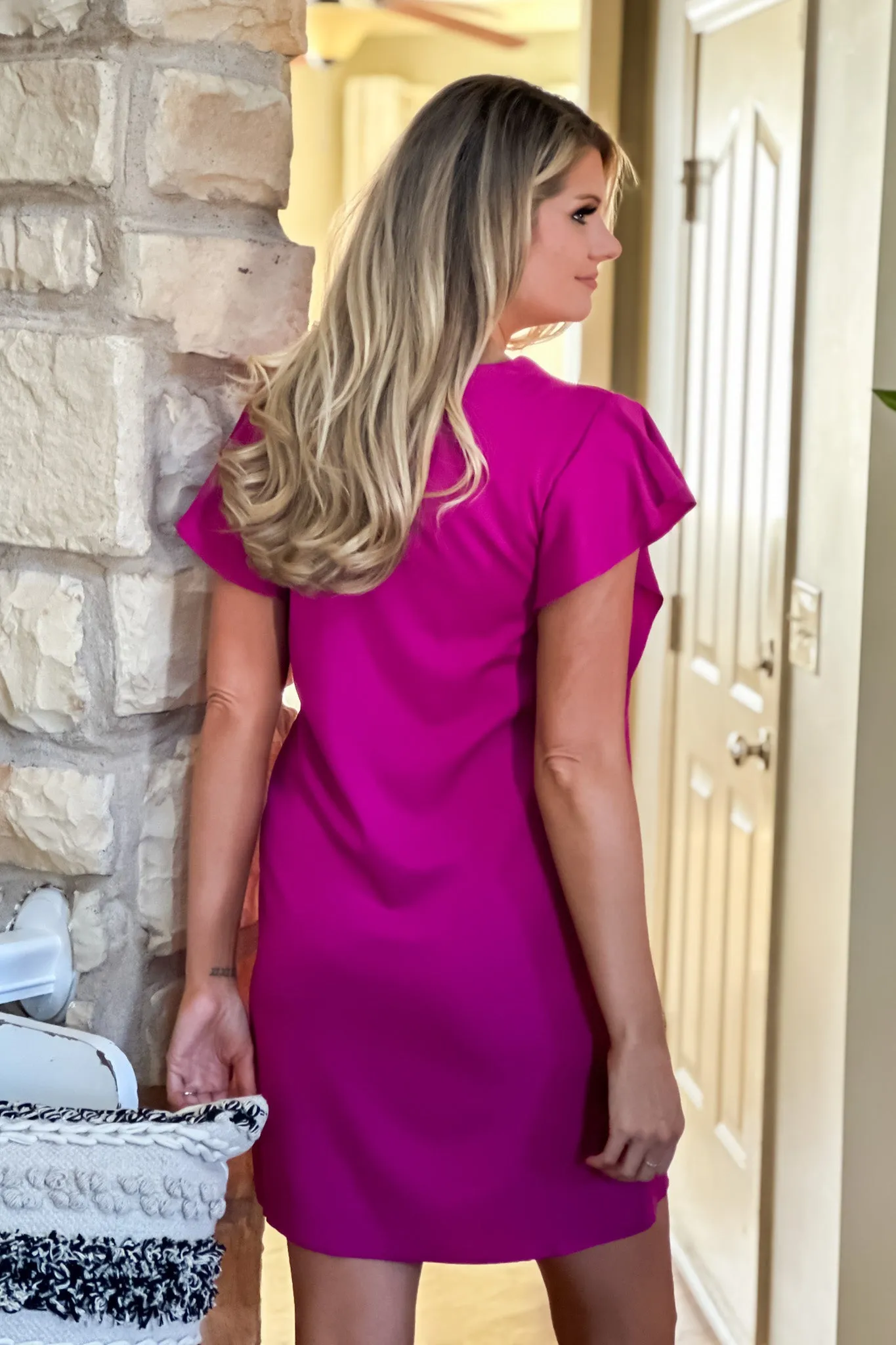 Liverpool Grace Flutter Sleeve V-Neck Dress : Fuchsia