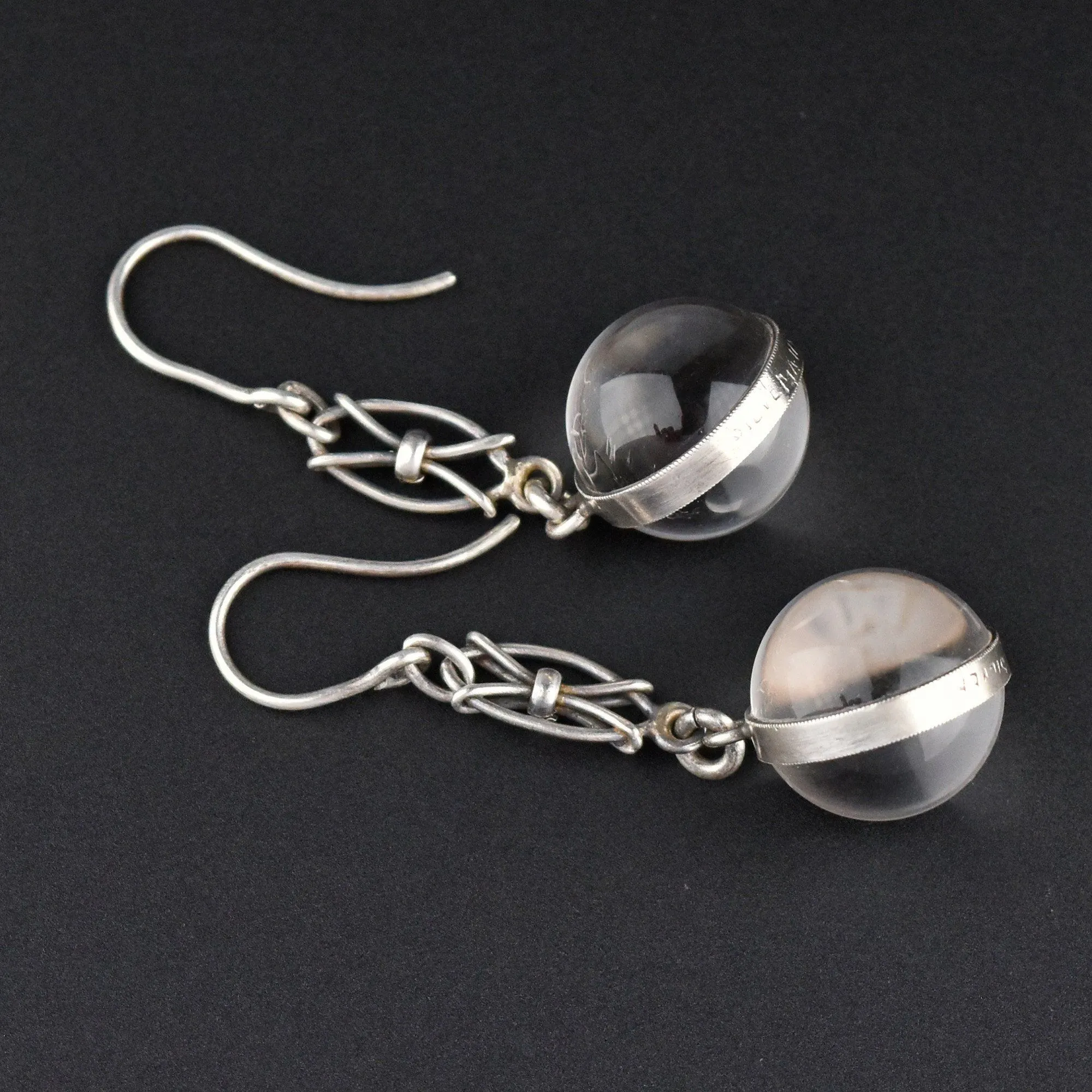 Long Art Deco Silver Pools of Light Rock Crystal Earrings