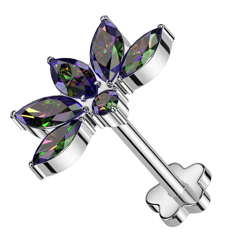 Lotus Flower Black Aurora CZ Threadless Titanium Flower Back Labret