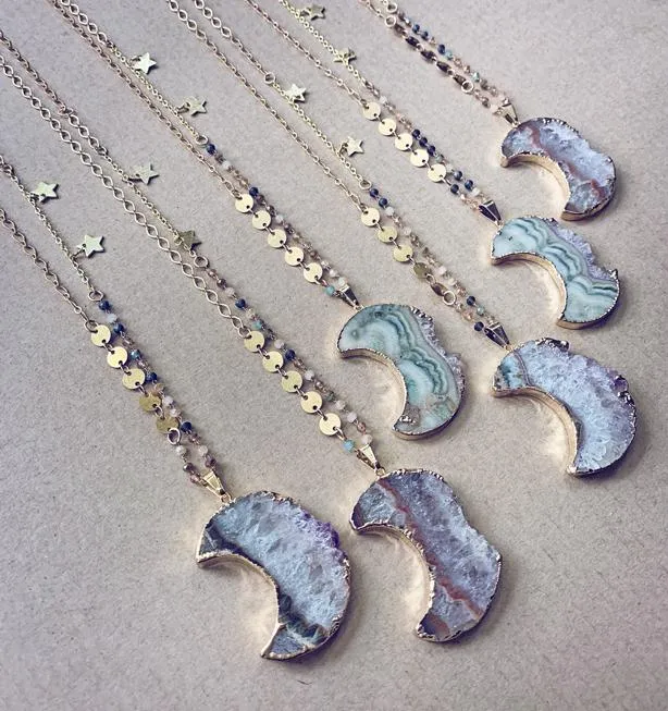 luna // gold electroplated crescent moon amethyst slice bohemian necklace