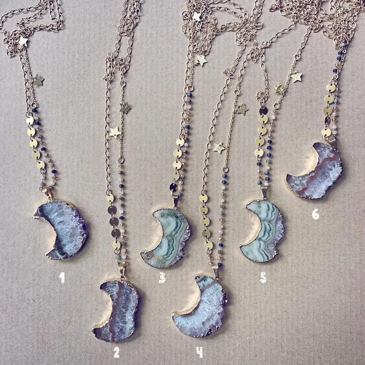 luna // gold electroplated crescent moon amethyst slice bohemian necklace